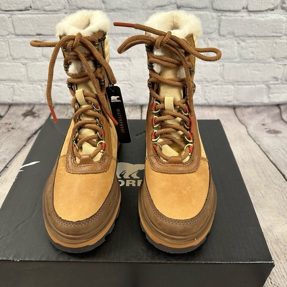 Sorel Women’s Lennox Lace Up Cozy Stacked Boot Waterproof Faux Fur Tan & Red NEW - Picture 3 of 8